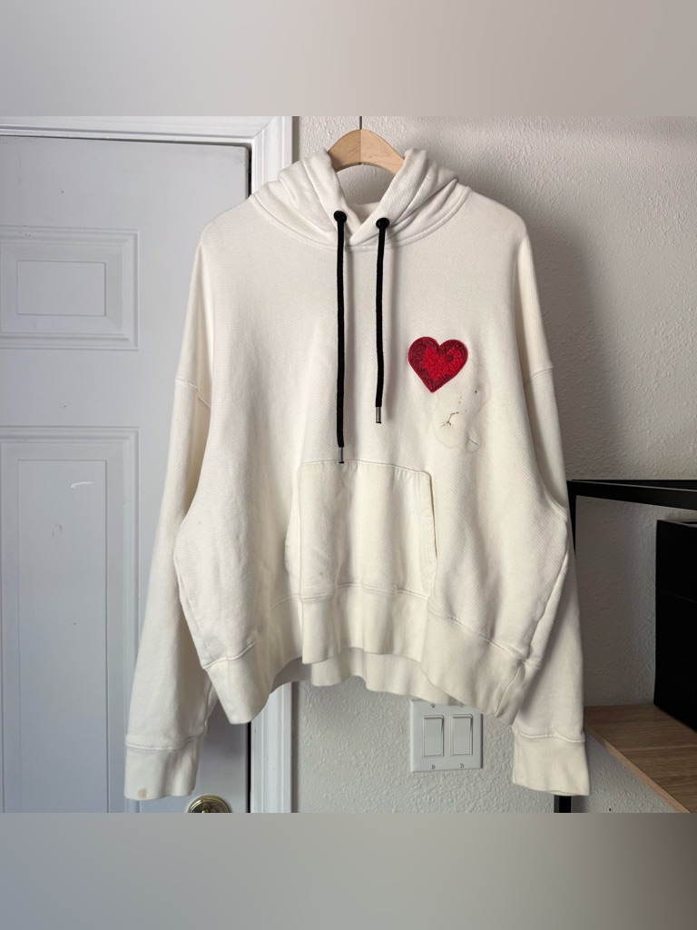 Palm Angels Off White Cotton Heart Terry Oversized Pullover Hoodie Sweater